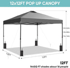 GDY 12x12 Pop Up Canopy Patio Carpas, One Push Set up with Central Lock Canopy with Wheeled Carry Bag, Included 4 Sandbaogs,8 Stakes and 4 Ropes, Gray