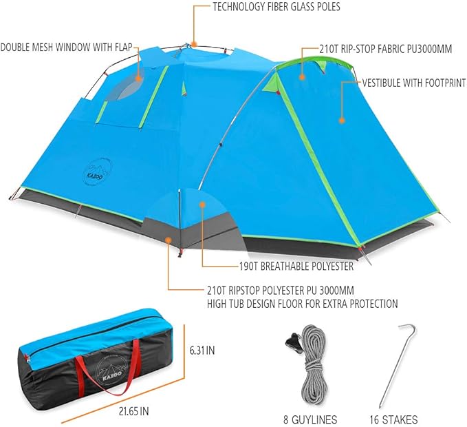 KAZOO 2／4 Person Camping Tent Outdoor Waterproof Family Large Tents 2/4 People Easy Setup Tent with Porch Double Layer | Outdoor, Waterproof, Family, Large, Tents, Easy Setup