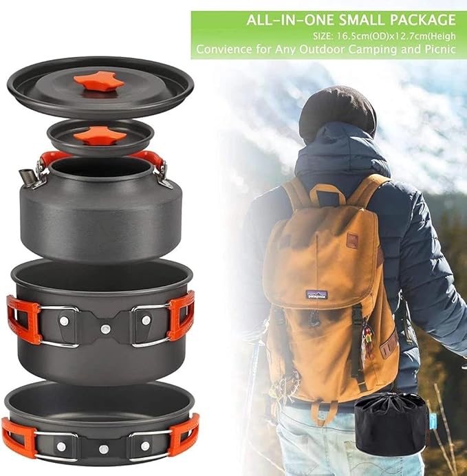 Camping Cookware Kit Outdoor Aluminum Cooking Set Water Kettle Pan Pot Travelling Hiking Picnic BBQ Tableware Equipment Camping