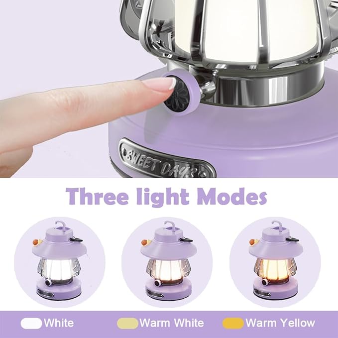 Kids Lantern with 3 Color Light & USB-C Rechargeable, Dimmable Camping Night Light for Children, Safe & Durable ABS Plastic Toddler Flashlight for Bedroom, Tent, Emergency (Purple)