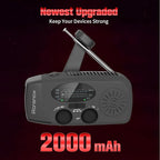 Solar Emergency Hand Crank Weather Radio, Portable Self Powered NOAA AM/FM Radios with SOS Alarm LED Flashlight 2000mAh Smart Phone USB Charger for Camping (Black)