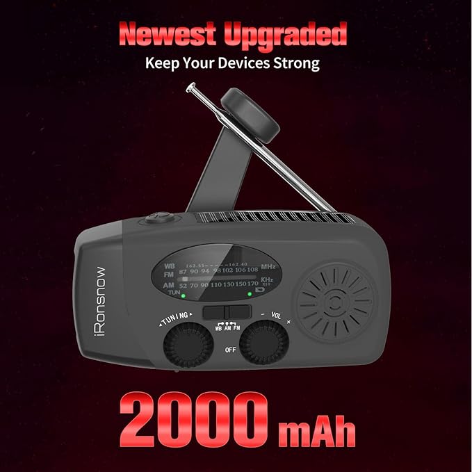 Solar Emergency Hand Crank Weather Radio, Portable Self Powered NOAA AM/FM Radios with SOS Alarm LED Flashlight 2000mAh Smart Phone USB Charger for Camping (Black)