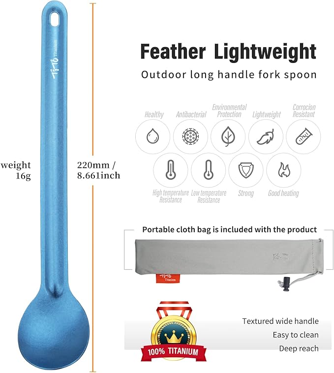TiTo Titanium Long Handle Spork and Spoon Eco-Friendly Ultralight Portabale Flatware for Outdoor Camping Backpacking Hiking Travel Picnic Tableware with Bag (2Pcs Blue)