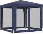 Party Tent with 4 Mesh Sidewalls Blue 8.2'x8.2' HDPE Heavy-Duty Iron Frame Waterproof Roof for Outdoor Events Shelter