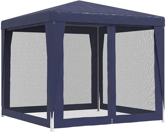 Party Tent with 4 Mesh Sidewalls Blue 8.2'x8.2' HDPE Heavy-Duty Iron Frame Waterproof Roof for Outdoor Events Shelter