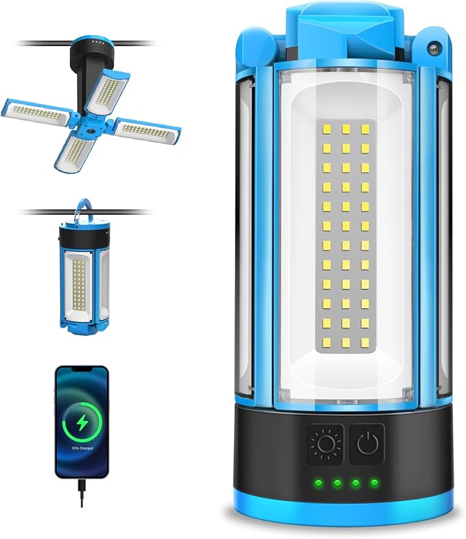 Foldable Camping Light Rechargeable Lantern, 10400mAh Portable Flashlight, Cordless Work Light with 3 Modes, 4100LM, LED Tent Light for Camping, Hiking, Fishing compatible with Tripod