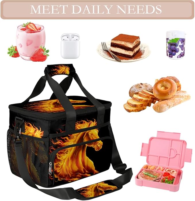 Flame Animals Horse Soft Cooler Bag Insulated Lunch Box for Men & Women, Large Leakproof Lunch Bag Portable Beach Cooler for Work, Picnic, Road Trips,Fishing, Travel, Camping,A-16