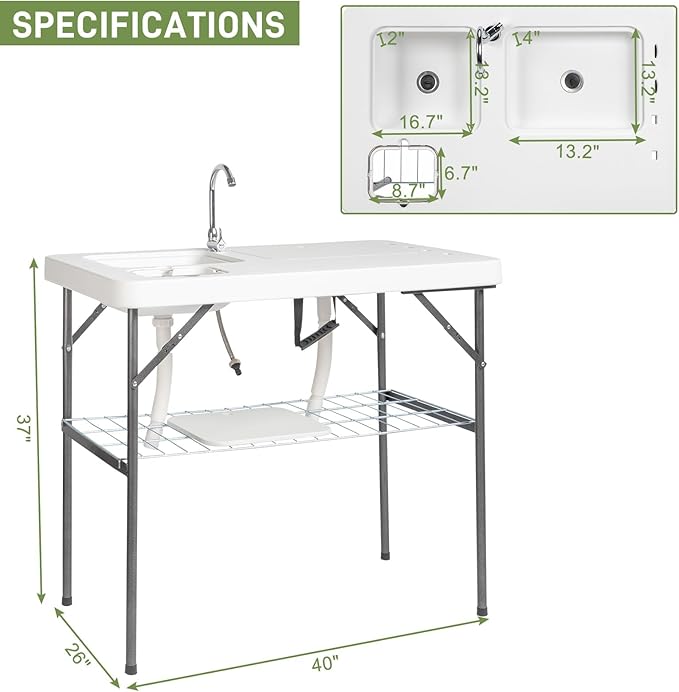 40" Folding Fish Cleaning Camping Table w/Faucet & Sink, Outdoor Portable Fillet Station w/Grid Frame, Knife Groove, Multifunctional Washing Table for Camping or Kitchen, White