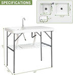 40" Folding Fish Cleaning Camping Table w/Faucet & Sink, Outdoor Portable Fillet Station w/Grid Frame, Knife Groove, Multifunctional Washing Table for Camping or Kitchen, White