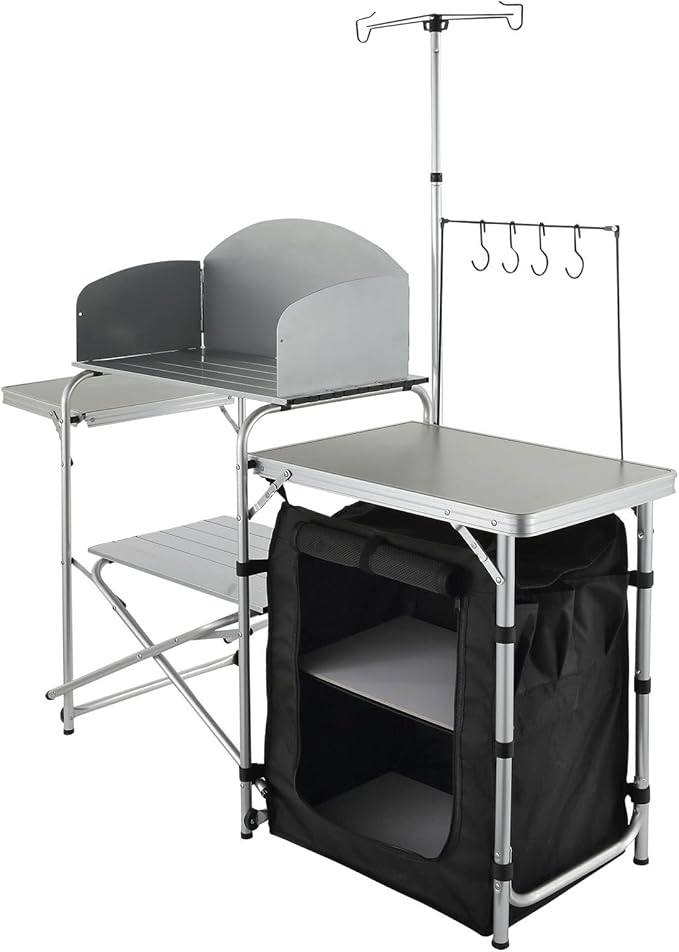 VEVOR Camping Kitchen Table, Folding Outdoor Cooking Table with Storage Carrying Bag, Aluminum Cook Station 1 Cupboard & Detachable Windscreen, Quick Set-up for Picnics, BBQ, RV Traveling, Black