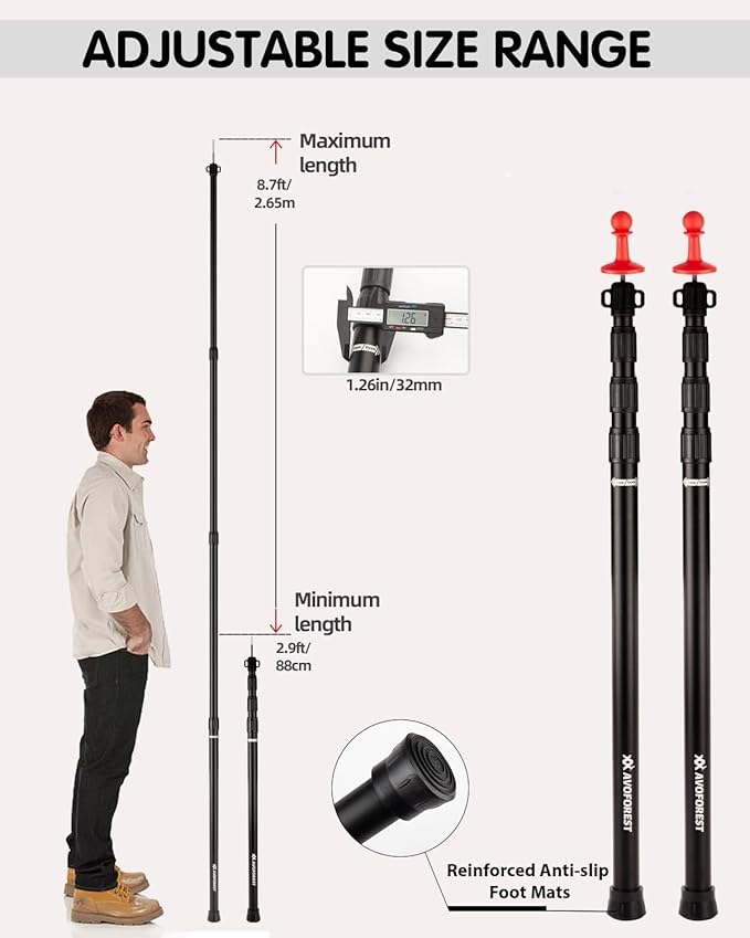 Tarp Poles Heavy Duty Adjustable, AVOFOREST Aviation Aluminum 8.7FT Tent Poles Lengthen and Thicken with Protection Cap Awning Poles Set of 2 for Hiking