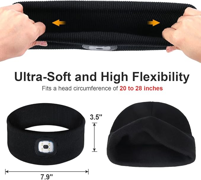SUNPRO 2 Pack Sports Headband with LED Light, Beanie with Light, Unisex Knit Lighted Hat, USB Rechargeable Headlight Cap, Warm Winter Gifts for Men and Women