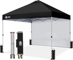 CROWN SHADES 10x10 Pop Up Canopy with 1 Side Wall - Beach Tent with One Push Setup - Outdoor Sun Shade for Events, Parties, Camping - Gazebo with STO-N-Go Cover Bag (Black)