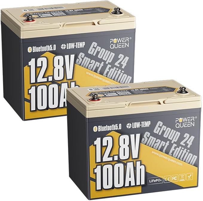 Power Queen 12V 100Ah LiFePO4 Battery, Bluetooth 12Volt RV Lithium Battery with Low-Temp Protection, Group 24 Deep Cycle Battery, Up to 15000 Cycles for Motorhome, Trailer, Camper Van, Marine, Solar