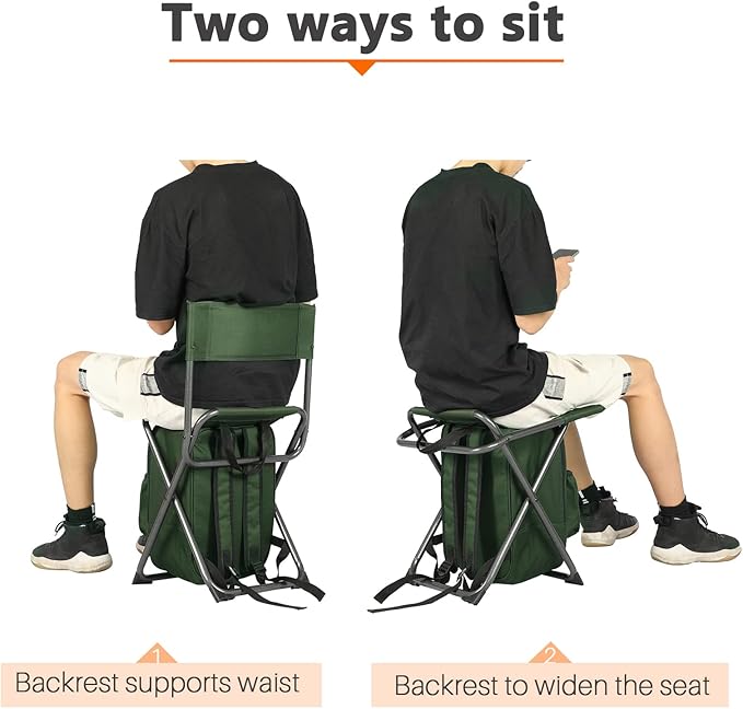Portal Backpack Cooler Chair Fishing Chairs with Backrest Folding Camping Stool Compact for Outdoors Hiking Hunting Travel, Supports 225 lbs Capacity