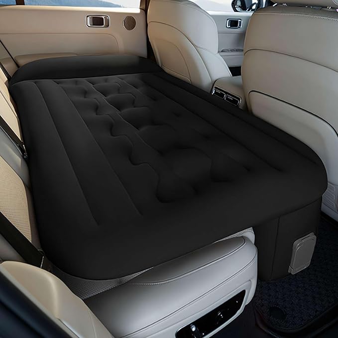 Inflatable Car Air Mattress Travel Bed, Thickened Car Camping Bed Sleeping Pad with Air Pump, Inflatable Pillows for Back Seat, Side Seat,Trunk Sleeping (Black 1set)