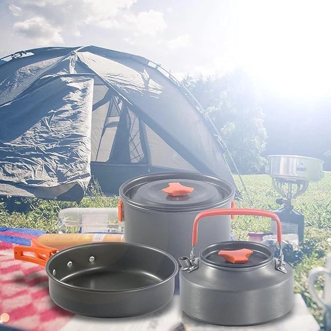 Camping Cookware Kit Outdoor Aluminum Cooking Set Water Kettle Pan Pot Travelling Hiking Picnic BBQ Tableware Equipment Camping
