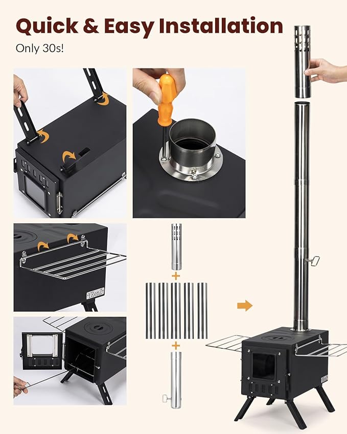 Upgraded Portable Wood Stove for Camping, Compact Tent Stove with Large Firebox, High Airtightness for Outdoor Cooking & Heating