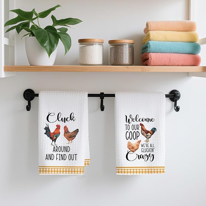 2Pcs Funny Kitchen Towels 24x14 Inch, Rooster Chicken Kitchen Decor Waffle Weave Hand Towels for Farmhouse, White Absorbent Microfiber Dish Cloth Tea Towel Chicken Gifts for Women Mom 5