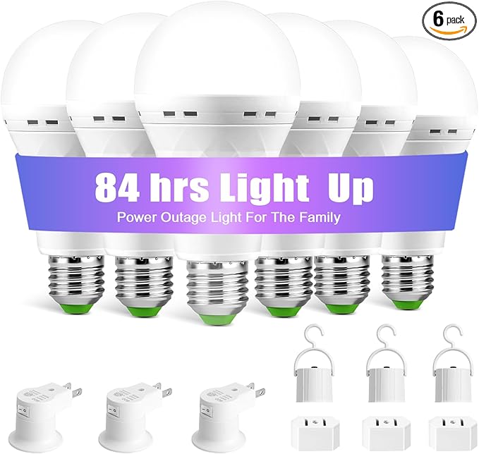 Emergency Rechargeable Light Bulbs, Stay Lights Up When Power Failure, 1500mAh 12W 60W Equivalent LED Light Bulbs for Home, Camping, Hiking ((with Hook,with Plug Cap,with socket adapter) 6 Pack