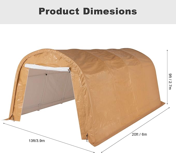 Carport 13 x 20 ft Outdoor Portable Storage Shelter Shed with 2 Rolled up Zipper Doors, Waterproof and UV Resistant Portable Garage Party Tent, Heavy Duty Car Canopy for Car, Truck, Boat, Brown