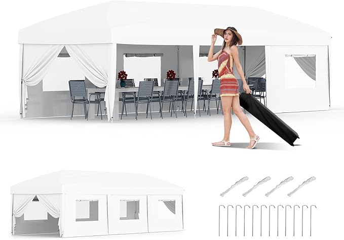 10x30FT Pop Up Canopy with Sidewalls, Outdoor Canopy Tent with SandBag & Carry Bag for Commercial Events, Camping, Backyard Parties, White