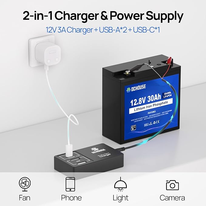 DC HOUSE 12V 30Ah Mini Lithium Battery with DC Output, 2 in 1 Multi-Port USB Charger: 12V Converter or 45W Max Lifepo4 Battery Charger, for Fish Finder, Camping, Ham Radio, Power Wheels, RV