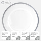 PARTY BARGAINS 13-Inch Charger Plates - 48 Pack, Clear Silver Rim, Heavy-Duty Disposable Chargers for Elegant Dining - Ideal for Weddings and Formal Events