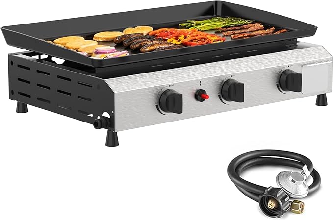 SKOK 3 Burner Gas Griddle- 23.3 Inch Outdoor Propane Griddle-30000 BTU Propane Fuelled, Portable Flat Top Gas Grill Camping Griddle Station for Kitchen, BBQ, Camping Tailgating