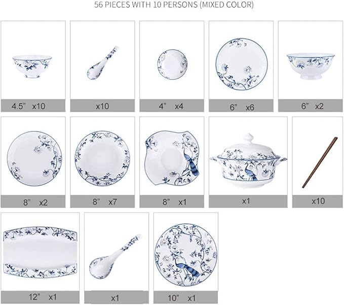 56-Piece Chinese Bone China Tableware Set Blue and White Porcelain Tableware Set for 6 People