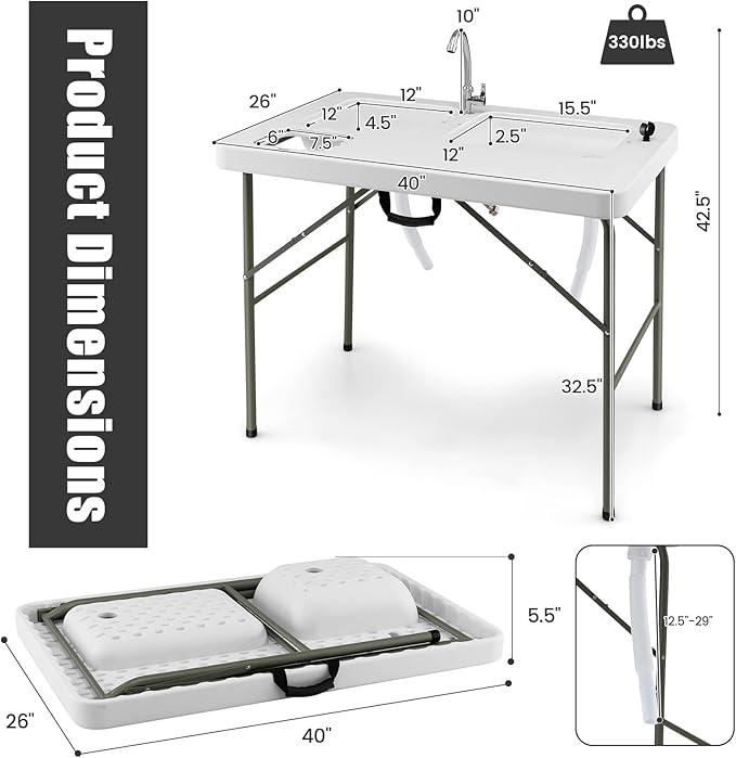 Giantex Fish Cleaning Table w/ 2 Sinks, Faucet, Hose Hook Up, Portable Folding Camping Table w/Measure Mark, Outdoor Fillet Cleaning Station for Fishing Beach Picnic (with Water Hose Holder)