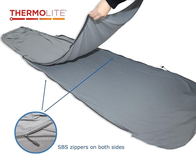 BROWINT Thermolite Sleeping Bag Liner with Zippers for Cold Weather, Lightweight Mummy with Hood & Rectangular Sleep Sack for Adult, Adds Warmth, Thermal Travel Liner, All Season