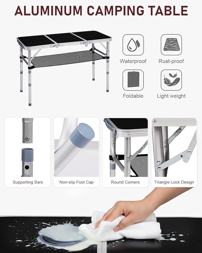 Outvita Folding Table, 3FT Aluminum Camping Table with Storage Adjustable Height Picnic Table Lightweight for Carring Outdoor Party Events Beach