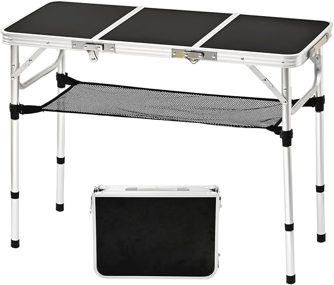 3 ft Folding Table, Folding Camping Table with Storage Net, Lightweight Portable Aluminum Foldable Table with Adjustable Height Max 27.5 Inch Outdoor Table for Picnic Travel, Black