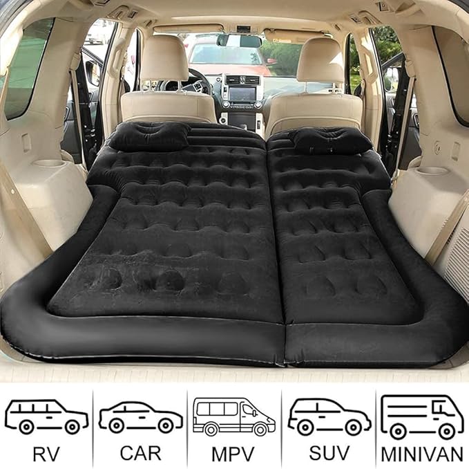 Vikuces® SUV Air Mattress Car Camping Travel Bed, Car Air Mattress Back Seat Bed,Thickened Inflatable Mattress with Two Air Pillow, Full Size Blow Up Sleeping Pad(Black)