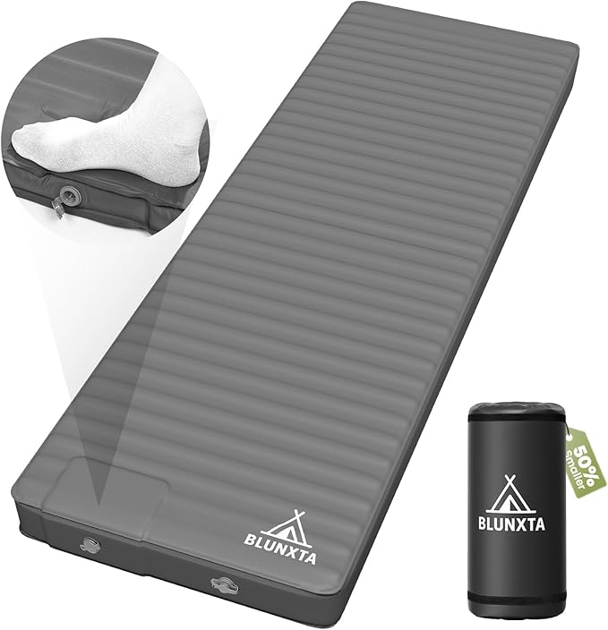 Self Inflating Sleeping Pad with Foot Pump, 2 Inch Thick Memory Foam Camping Pad, Quick Inflation Air Mattress for Camping, Hiking, Car Travel, and Outdoor Adventures, Grey