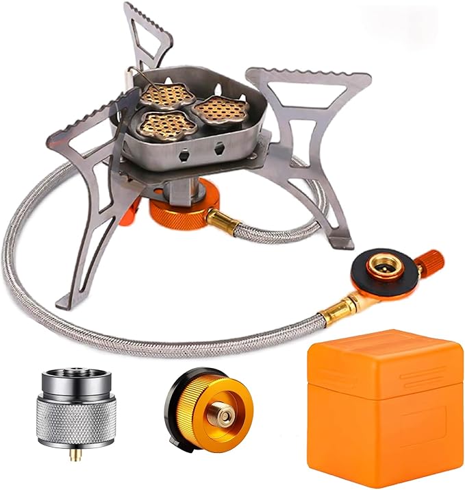 SVNVIOZ 5800 Camping Stove, Windproof Backpacking Stove with 3 Burner Cores, Piezo Ignition, Storage Box, 2 Types Fuel Canister Adapters, Camping Gear Portable Stove for Outdoor Camping Hiking Cooking