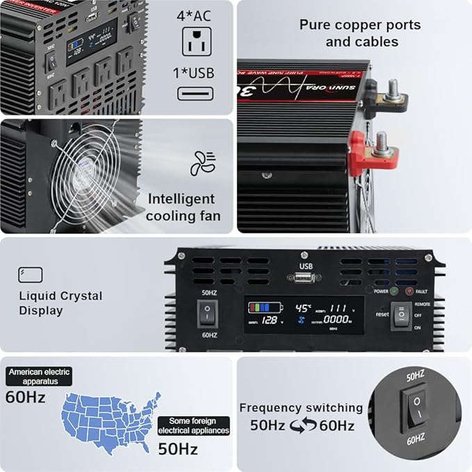 3000 Watt Pure Sine Wave Power Inverter, 12V DC to 110V/120V AC Converter 6000W Peak, with Remote Control LCD, 4 AC Outlets & USB Port & Hardwire Terminal, for Truck RV Boat Camping Solar System EPS