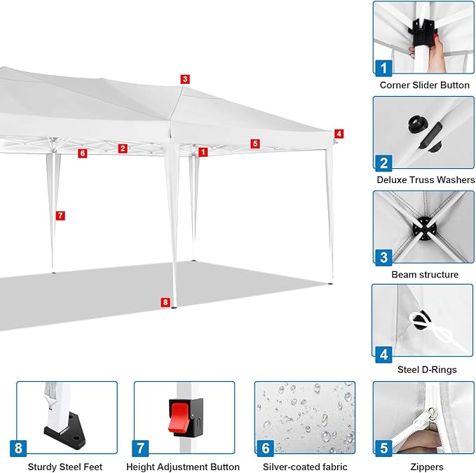 COBIZI 10x20 Pop Up Canopy Tent Commercial Instant Shelter with 6 Sidewalls, Durable Waterproof Portable Gazebo UPF 50+ for Outdoor Party, Wedding, Vendor Events (White)