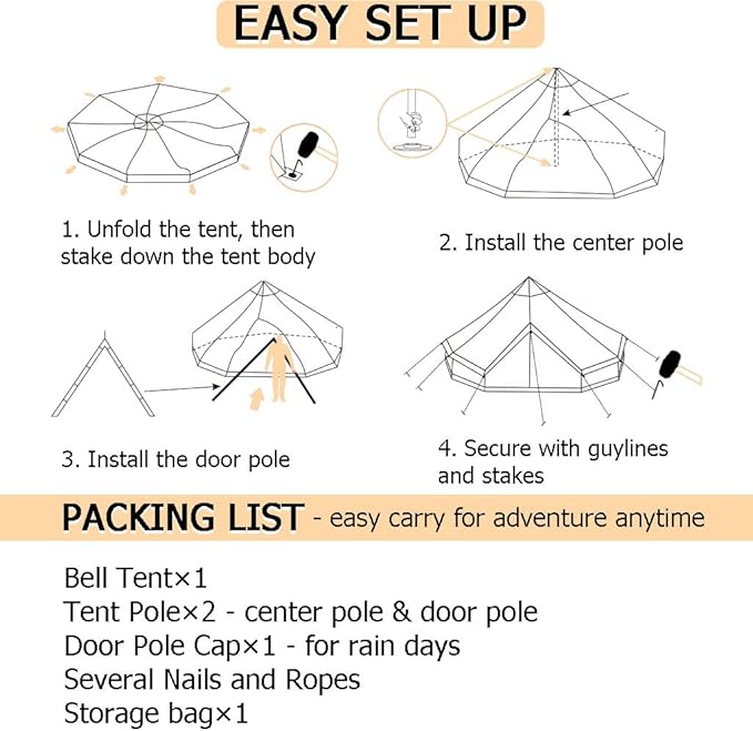 Backpacking Bell Tent with Top Stove Jack for All Year Living, 300D Oxford Waterproof Yurt Tents House for Camping Glamping, Parties, Outdoor Events-13/16.4FT