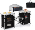 GYMAX Folding Camping Table, Portable Kitchen Table with 2 Zipper Organizer Shelf & Wind Screen, Foldable Cooking Table for Camping Hiking Picnic BBQ (Black)
