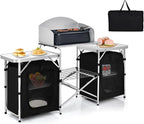GYMAX Folding Camping Table, Portable Kitchen Table with 2 Zipper Organizer Shelf & Wind Screen, Foldable Cooking Table for Camping Hiking Picnic BBQ (Black)