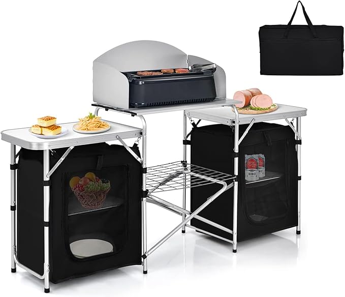 GYMAX Folding Camping Table, Portable Kitchen Table with 2 Zipper Organizer Shelf & Wind Screen, Foldable Cooking Table for Camping Hiking Picnic BBQ (Black)