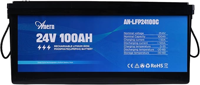 Anern 24V 100Ah LiFePO4 Lithium Battery, 2560Wh Deep Cycle LiFePO4 Battery with 100A BMS, 15000+ Cycles, 10-Year Lifespan, Ideal for Solar Energy Storage, Off-Grid Camping, RV, Trolling Motor