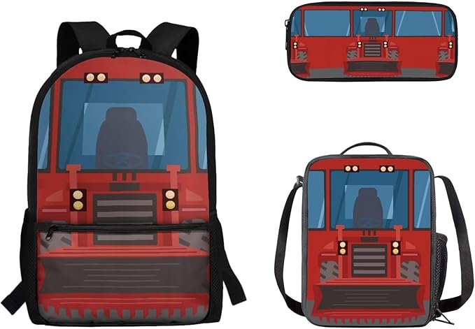 3 Pieces Cartoon Fire Truck Printing Book Bag Set with Large Capacity Lunch Bag and Pencil Box, Bag Set for Travel Picnic Activities Outdoor Festival Gift