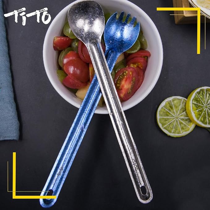 TiTo Titanium Long Handle Spork and Spoon Eco-Friendly Ultralight Portabale Flatware for Outdoor Camping Backpacking Hiking Travel Picnic Tableware with Bag (Bright Titanium Spork)