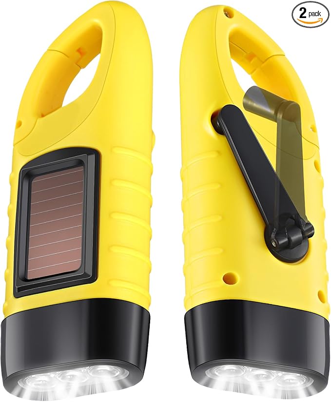 Leelosp 2 Pieces Hand Crank Flashlight Solar Powered Flashlight for Emergencies Dynamo Rechargeable LED Survival Light for Outdoor Sports Hiking Camping (Yellow)