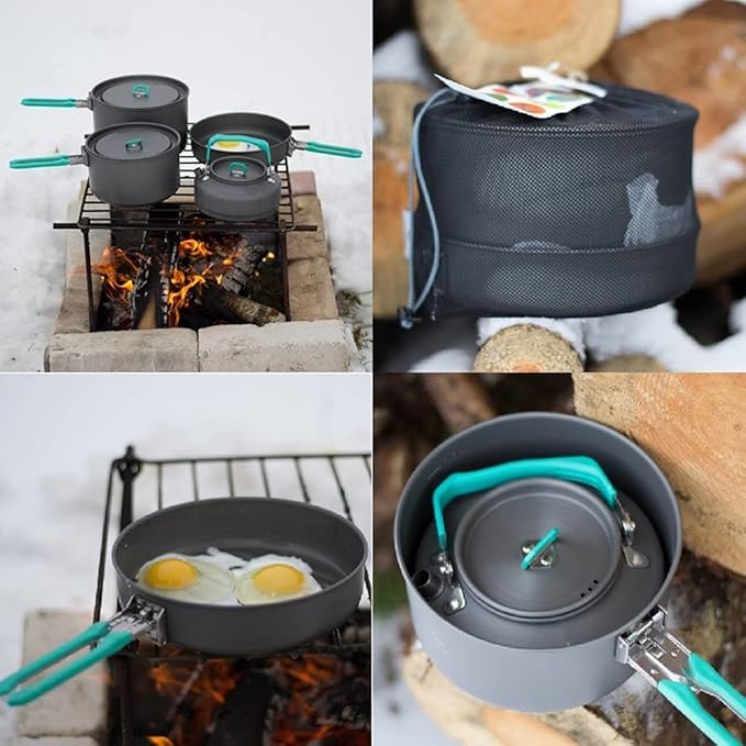 Outdoor Camping Tableware Set Backpacking Picnic 2 Pot 1 Frypan 1 Kettle Alumina Cookware Folding Cooking Set