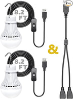 2 Pack USB Light Bulb, USB LED Camping Light Lantern, 8.2 ft Extra Length Cord Tent Light with USB Y-Cable, Portable LED Bulb for Garage Warehouse Car Truck Fishing Boat Room Emergency Light, White