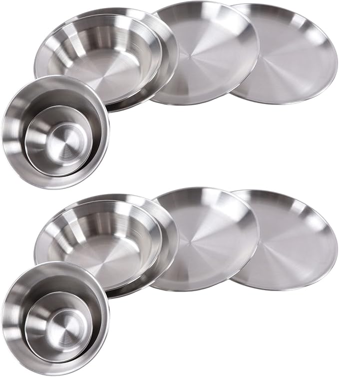 Stainless Steel Camping Plates and Bowls Set, 12PCS Portable Tableware Cookware with Storage Bag, 3.5inch to 9.1 inch, Camping Dish Set for Backpacking, Camping, Hiking, Beach,Outdoor